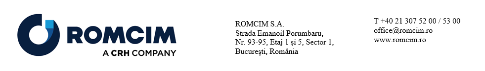 Antet cu logo Romcim, adresă și date de contact