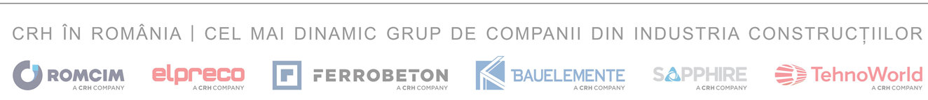 Subsol cu logo-urile Romcim, Elpreco, Ferrobeton, Bauelemente, Sapphire Energy și TehnoWorld, companii parte din grupul CRH